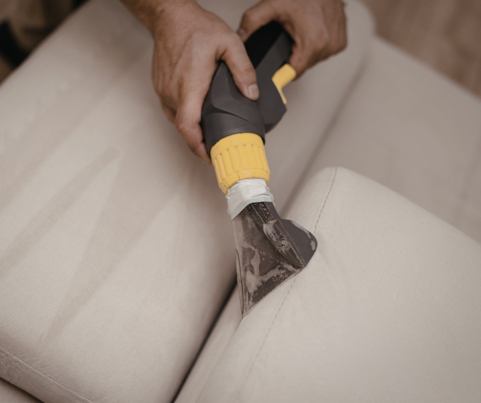 Fabric sofa being professionally cleaned and restored in Dublin