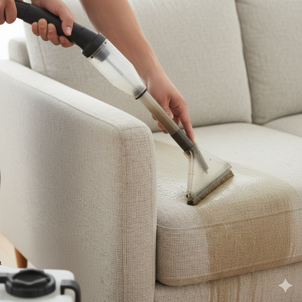Professional sofa cleaning equipment in action - steam extraction process